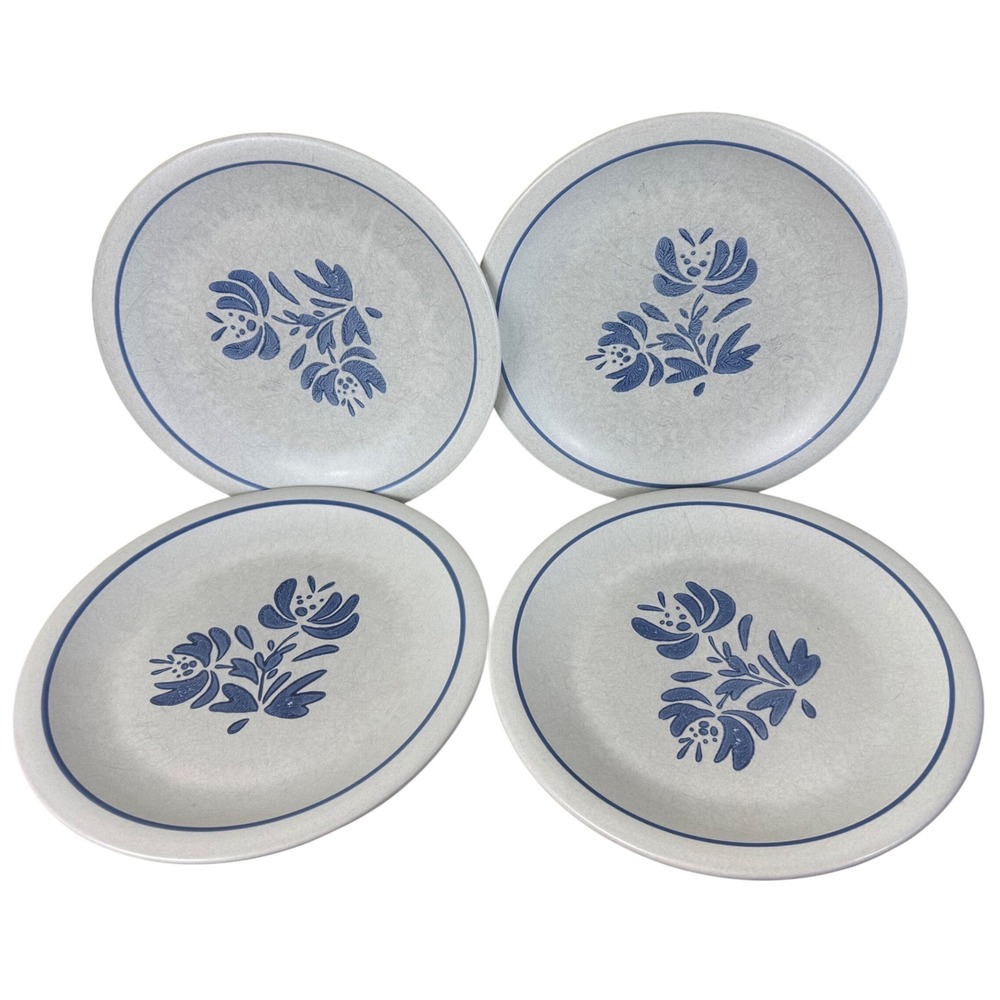 Pfaltzgraff Yorktowne Salad Plates Set of 4 Blue Floral Gray Stoneware USA